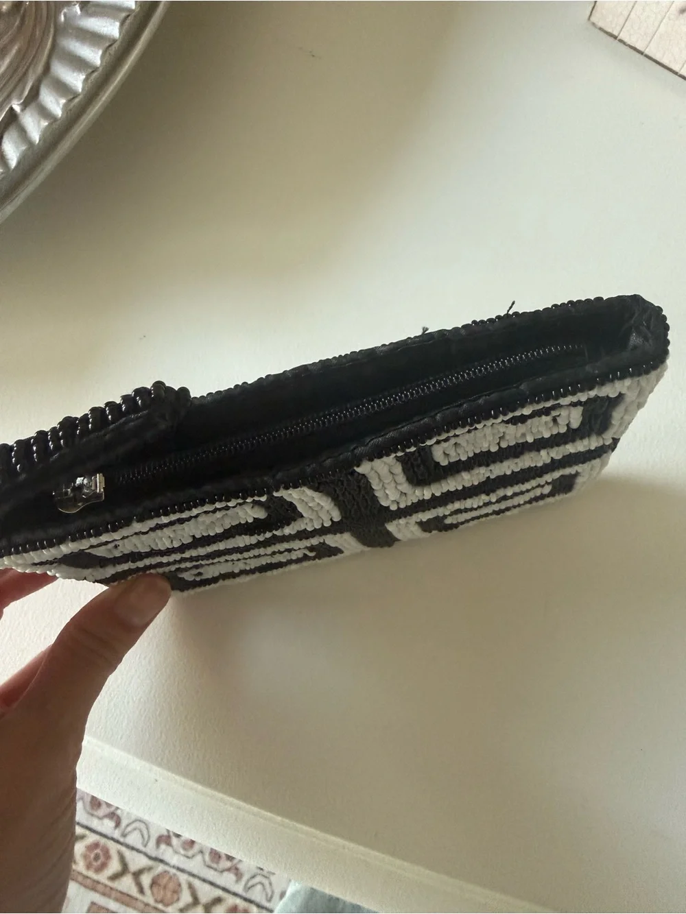 Beaded Black & White Geometric Wristlet Clutch